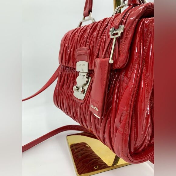 Auth Miu Miu Red Matelasse Enamel Leather 2way Madras Top Handle Handbag - Picture 2 of 16